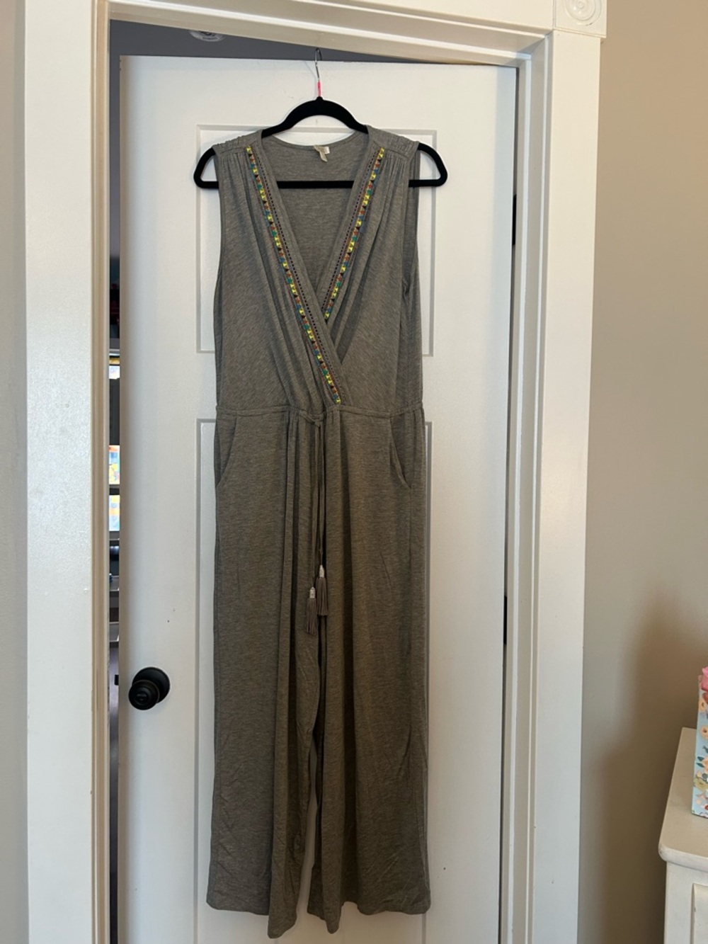 Sleeveless Gray Jumpsuit with Embroidered Trim